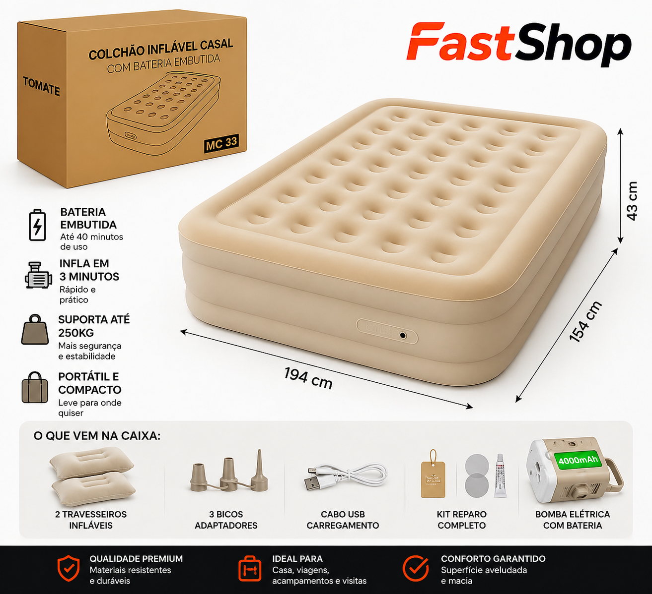 Colchão Inflável Premium com Bomba Elétrica Embutida 4000mAh – Conforto de Cama Real em Minutos