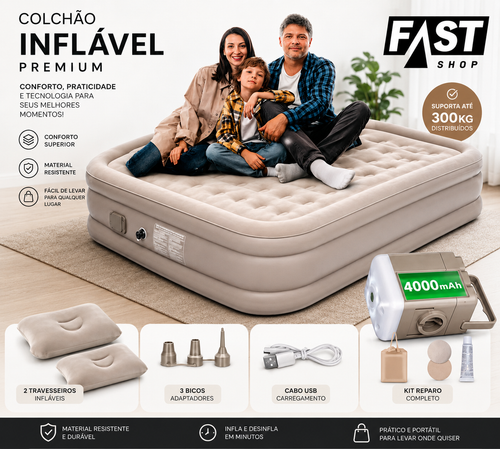 Colchão Inflável Premium com Bomba Elétrica Embutida 4000mAh – Conforto de Cama Real em Minutos